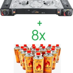 SMH LINE® Dubbele Camping Kooktoestel - 2 Pits - 2x 2500W - Incl. 8x Gasflessen
