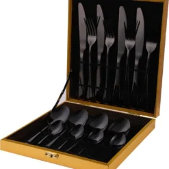 SMILON Bestekset In Koffer Zwart - 16 Delig Messen Vorken Lepels Voor 4 Personen - Camping - Ideaal Voor Reizen, Kamperen, Thuis