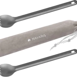 Navaris 2x Spork Met Extra Lange Handgreep - Set Van 2 - Campingbestek Van Titanium - Bestek Voor Onderweg - Lichtgewicht - Inclusief Bewaarzakje