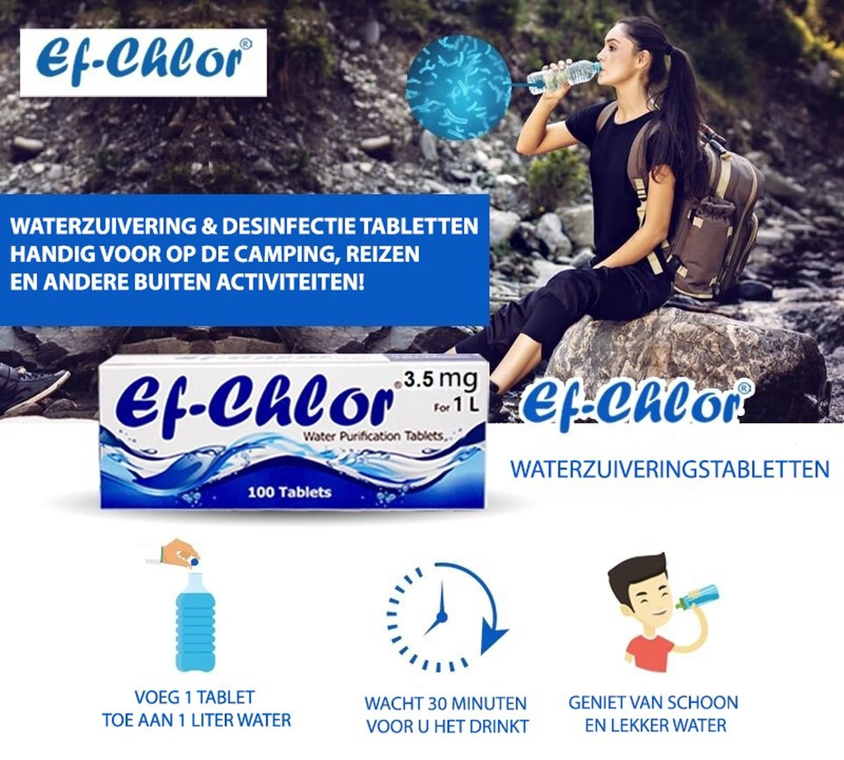 Waterzuiveringstabletten 3.5 Mg - 100 Stuks! - 0,5-1 Liter Veilig En Schoon Drinkwater In 30 Minuten! 4 Waterzuiveringstabletten 3.5 Mg - 100 Stuks! - 0,5-1 Liter Veilig En Schoon Drinkwater In 30 Minuten! - Afbeelding 2