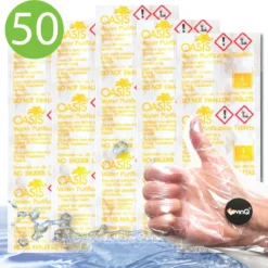 Merkloos Oasis Waterzuiveringstabletten 50x 1 Liter Oasis - Houdbaar 2027! + LevinQ® Handschoenen PE - British Army Nato - Veilig Drinkwater