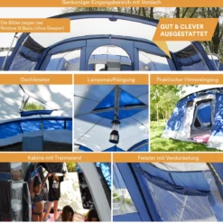 Skandika Nimbus Sleeper 12 Tent – Koepeltenten – 12 Persoons Familietent - Campingtent – Muggengaas – Sleeper Technology (3 Extra Donkere Slaapcabines) – 760 X 630 X 215 Cm (LxBxH) – 5000 Mm Waterkolom – Camping, Tuin – Kamperen – Blauw/wit -Goedkope Licht Tent Winkel 1200x1182 7