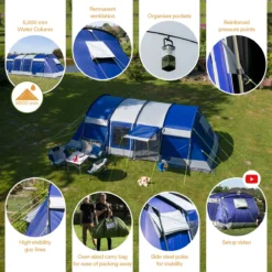 Skandika Montana 8 Sleeper Tent – Tunneltent – 8 Persoons Familietent - Campingtent – Sleeper Technology (2 Tot 4 Extra Donkere Slaapcabines) – Ingenaaide Tentvloer - Muggengaas – 700 X 310 X 200 Cm (LxBxH) – 5000mm Waterkolom – Kamperen – Blauw/wit -Goedkope Licht Tent Winkel 1200x1199 3