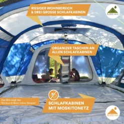 Skandika Nimbus Sleeper 12 Tent – Koepeltenten – 12 Persoons Familietent - Campingtent – Muggengaas – Sleeper Technology (3 Extra Donkere Slaapcabines) – 760 X 630 X 215 Cm (LxBxH) – 5000 Mm Waterkolom – Camping, Tuin – Kamperen – Blauw/wit -Goedkope Licht Tent Winkel 1200x1200 425