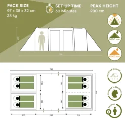 Skandika Montana 8 Sleeper Tent – Tunneltent – 8 Persoons Familietent - Campingtent – Sleeper Technology (2 Tot 4 Extra Donkere Slaapcabines) – Ingenaaide Tentvloer - Muggengaas – 700 X 310 X 200 Cm (LxBxH) – 5000mm Waterkolom – Kamperen – Blauw/wit -Goedkope Licht Tent Winkel 1200x1200 538