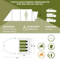 Skandika Pitea XL UP Tent – Koepeltenten - Autotent – 4 Persoons Campingtent Voor SUV, Caddy, Auto, CUV – Vrijstaand – Met/zonder Slaapcabine – Max. Stahoogte 200 Cm – Waterdicht Met 3000mm Waterkolom - 515 X 300 X 200 Cm (LxBxH) – Kamperen - Grijs -Goedkope Licht Tent Winkel 1200x1200 573