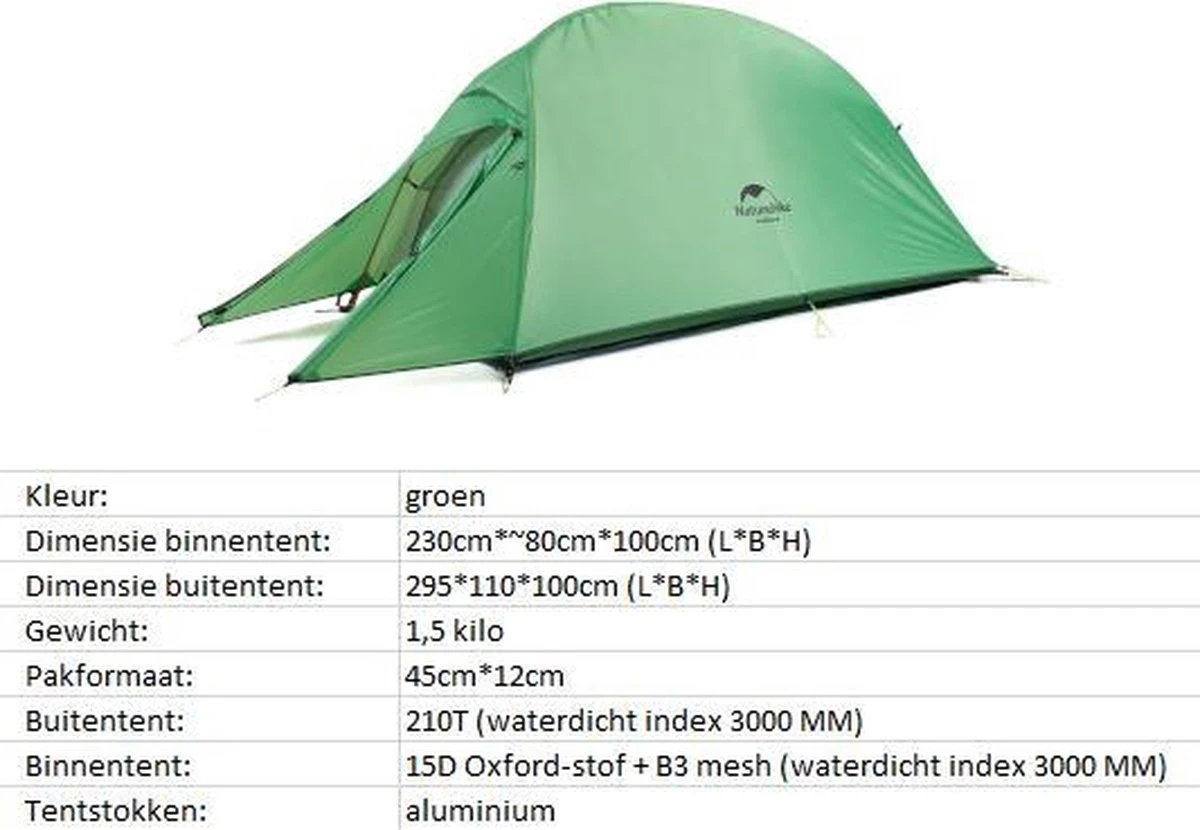 Cloud Up 1 Upgraded - Naturehike® - 1 Persoons Tent - Lichtgewicht Tent - Incl. Grondzeil - 210T 3000mm - Outdoor - Waterdicht - Hiking & Wandelen 13 Cloud Up 1 Upgraded - Naturehike® - 1 Persoons Tent - Lichtgewicht Tent - Incl. Grondzeil - 210T 3000mm - Outdoor - Waterdicht - Hiking & Wandelen - Afbeelding 11