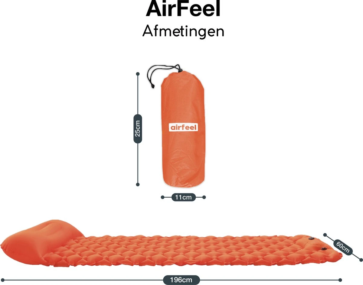 AirFeel Lichtgewicht Opsblaasbaar Slaapmatje - Ingebouwde Pomp En Kussen - 196 X 60 X 6 Cm - Orange 7 AirFeel Lichtgewicht Opsblaasbaar Slaapmatje - Ingebouwde Pomp En Kussen - 196 X 60 X 6 Cm - Orange - Afbeelding 5